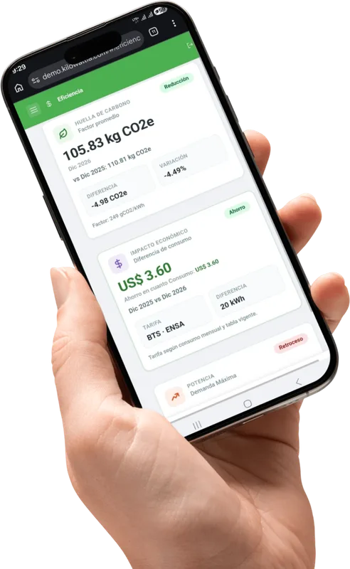 App de Kilowattia en un teléfono mostrando huella de carbono, impacto económico y tarifa BTS de ENSA